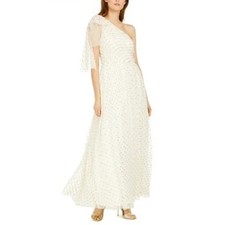 Eliza J White Evening Gown Metallic Polka Dot One Shoulder A-Line Dress Size 12
