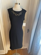 CALVIN KLEIN BLACK SHEATH DRESS GOLD COLOR CIRCLES AT NECKLINE-SIZE12-NWT$134.00