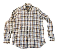 Sak's 5th Avenue Plaid Long Sleeve 100% Linen Button-Up Shirt Men's XL Colorful
