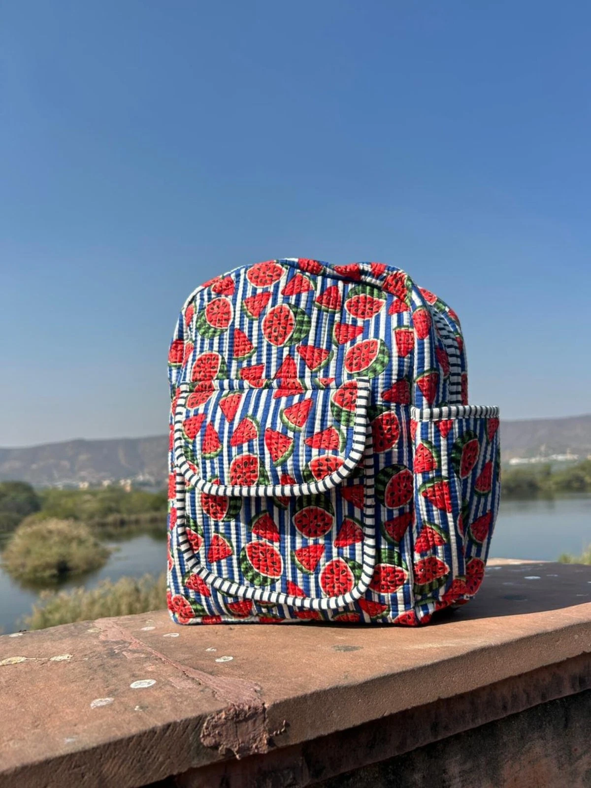 Handmade Watermelon Quilted Backpack, Cotton Summer Travel Bag