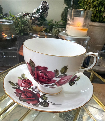 Vintage Queen Anne Red Rose Floral Bone China Tea Cup and Saucer England