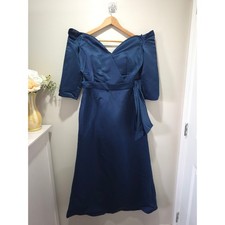 Navy Blue Satin Off the Shoulder Formal Gown Wrap Bodice Maxi Dress