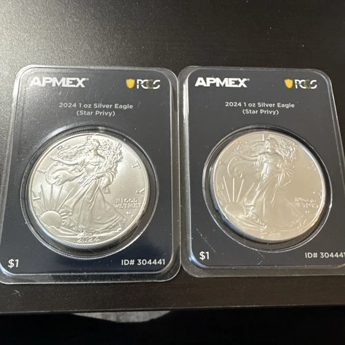 Two 2024 American Silver Eagle Star Privy 1 oz .999 Silver BU APMEX MintDirect