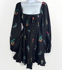 ASOS Black Embroidered Floral Mini Dress Puff Sleeve Smocked Waist Sz2 Babydoll