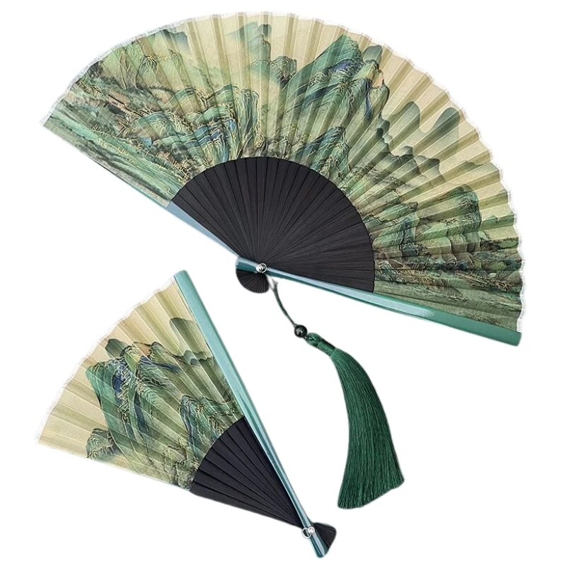 Ventilador Plegable de Bambú Chino 8.7 Pulgadas Portátil Vintage Pintura de Paisaje Verde Foto 2 de 4