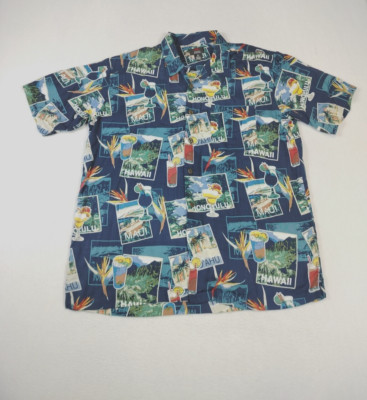 Emergency Exit Hawaiian Shirts Men's Large Blue Camp Shirt Tropical Tiki Drinks