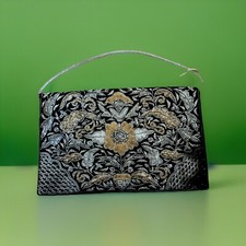 Vintage Purse India Black Velvet Metallic Silver Gold Embroidery Handmade