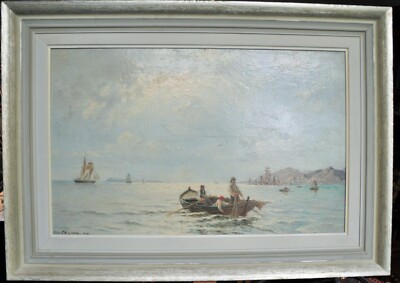 Beautiful oil painting signed TH. LINDH - 1910 - fishermen at sea Arte Arte