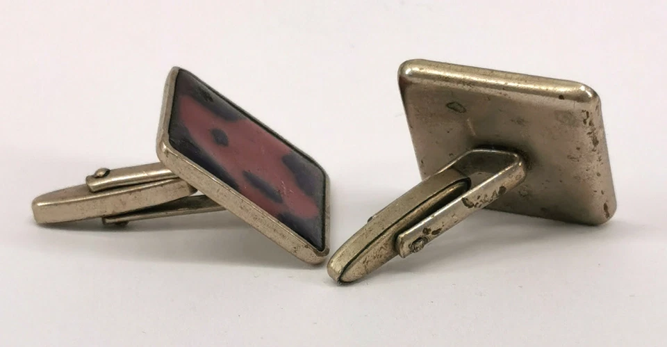 9125587 Gemelli Color Argento Smaltato 70er Anni Vecchio - Immagine 2 di 2