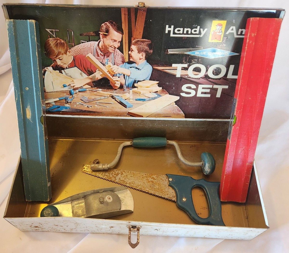 Vintage HANDY ANDY Tool Set Blue Diamond Box & Tools American No
