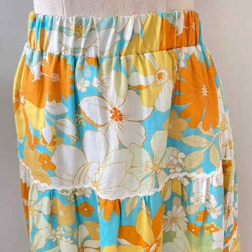 AERE Womens Maxi Skirt Size 8 Floral Orange Blue Linen Tiered Boho Ric Rac Trim - Picture 2 of 15