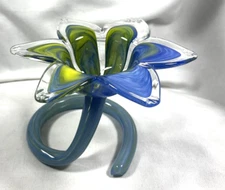 SWIRL ART GLASS FLOWER VASE CURVED STEM BLUE GREEN YELLOW NO STICKER UNMARKED