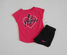 NWT 2pc Nike Pink Black Heart Logo Top Shorts Set sz 6