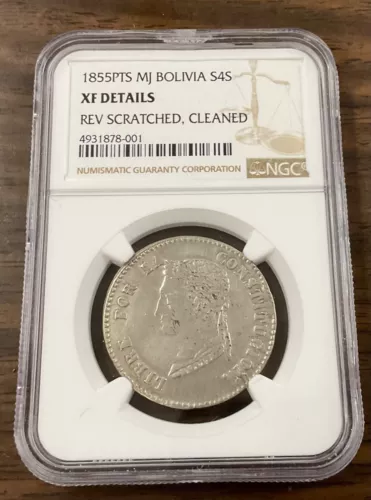 1855 PTS MJ BOLIVIA 4 Soles - clad - NGC XF DETAILS - Rev. Scratched, Cleaned