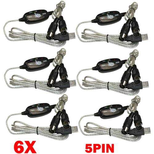 6pc USB IN-OUT For MIDI Cable Converter 5 Pin to PC Music Keyboard Adapter Cord