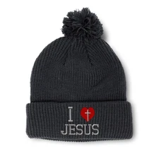 Pom Pom Beanies for Women I Heart Jesus Embroidery Winter Hats for Men Skull Cap