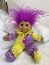Russ Troll Clown Jester Troll Doll Toy Purple Yellow 8  Vinyl Face Plush VTG EUC