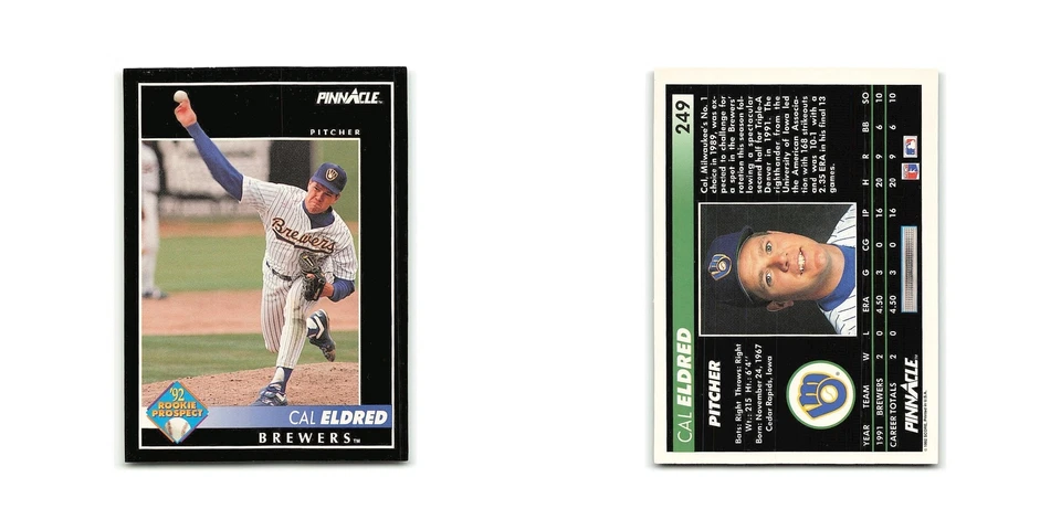 Cal Eldred Rookie 1992 Pinnacle #249 Milwaukee Brewers Baseball Card NM - Image 3 of 3