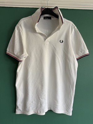 Fred Perry Polo Shirt Mens Small White with Blue/Red Tipping M3600 10196
