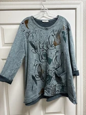 Jess & Jane SZ XL Cat Kitten Tunic Sweatshirt Blue Mineral Washed Pockets Artsy