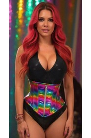 Rainbow Glitter Holographic Steel Boned Under Bust Waist Cincher Rave Festival