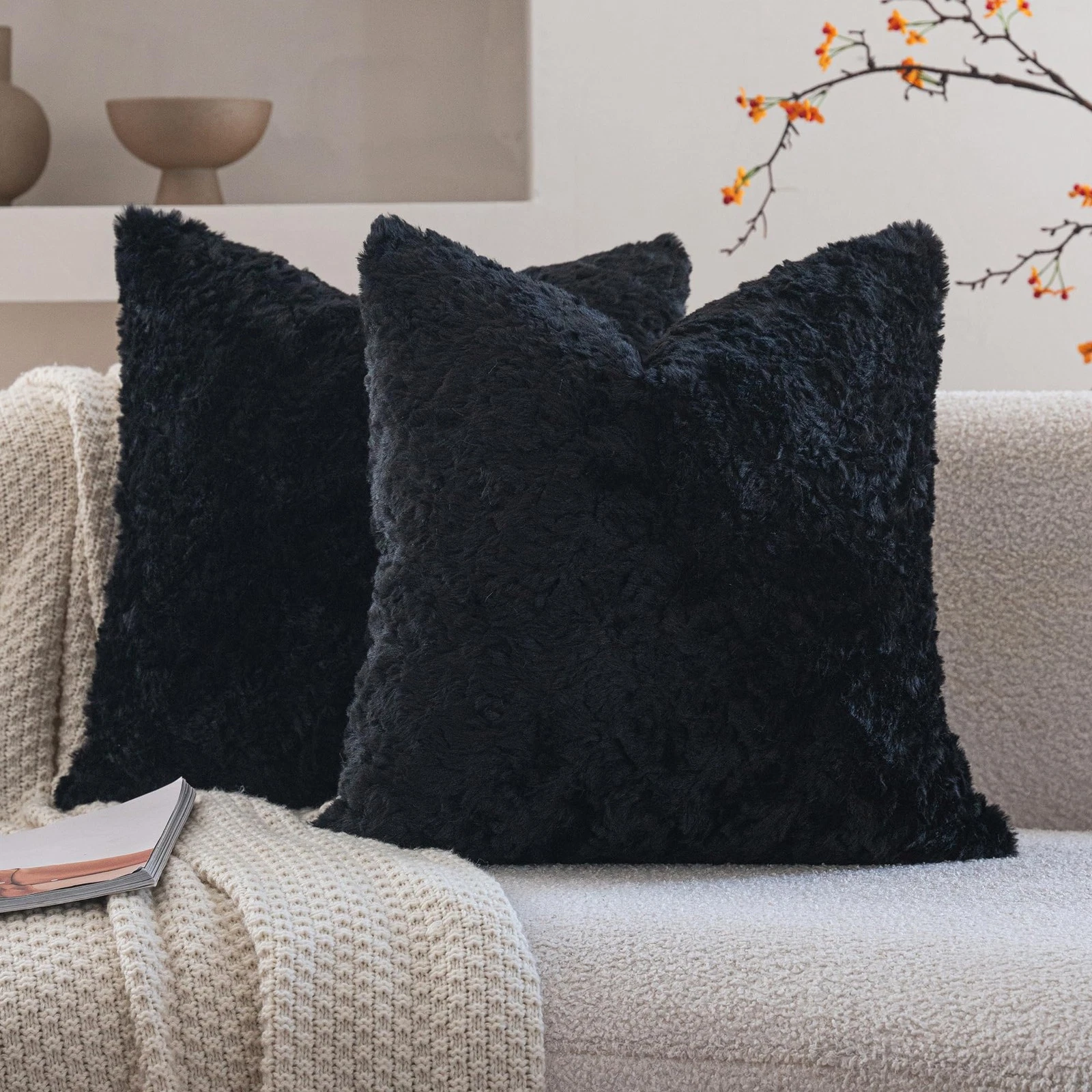Black Faux Fur Cozy Soft Solid Fuzzy Decorative Throw Pillow Covers 18x18 inc...