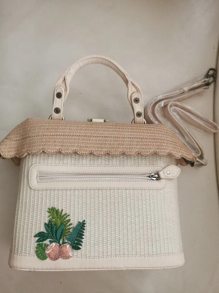 Crossbody Bag With Tiki Bar Beach Motif By Vendula London Straw Purse Handbag - Image 2 of 4