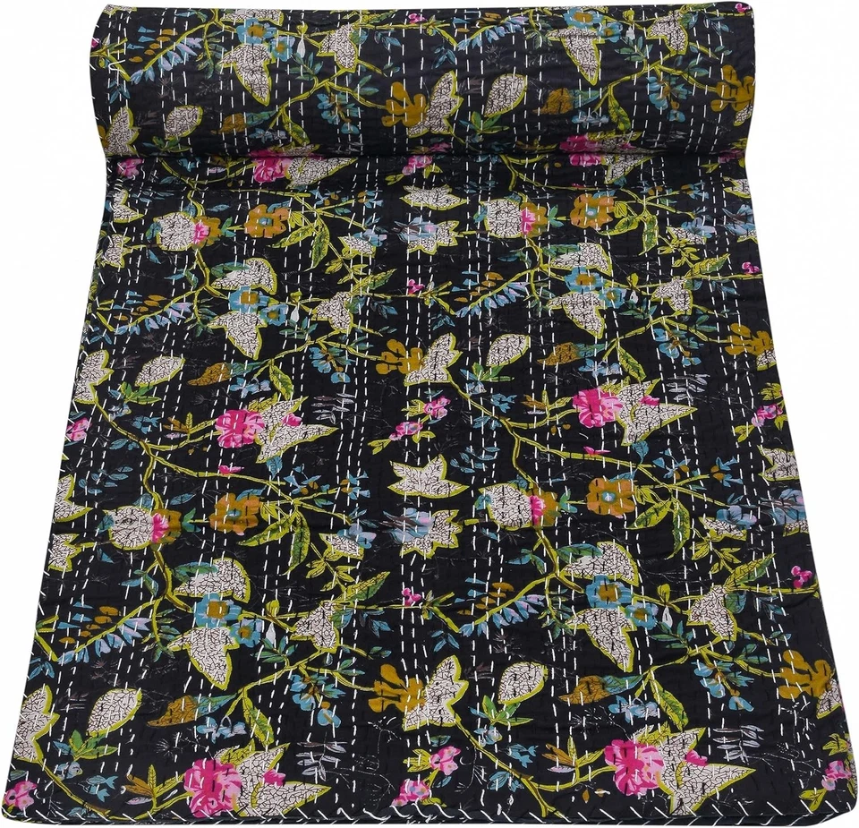 Colcha edredón Kantha de algodón tamaño king negra con estampado floral indio Foto 2 de 4