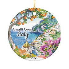 Amalfi Coast ceramic ornament, cliffside village and dome, custom year