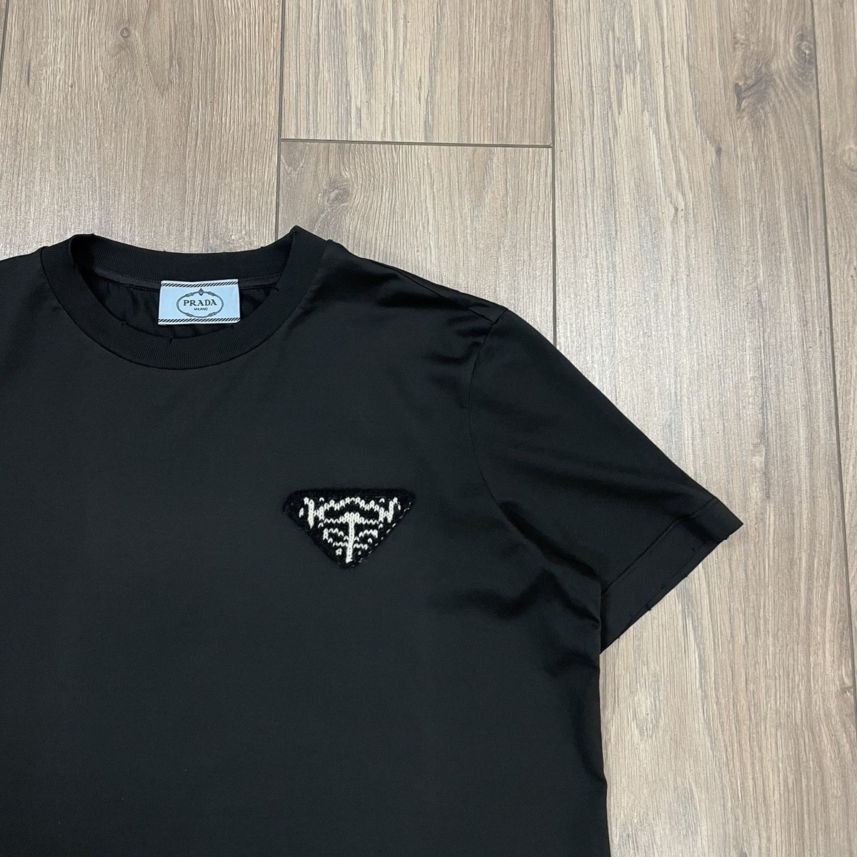 Prada 2021 Black Cotton Wool Triangle Patch Logo T Shirt Size