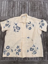 Bode New York cream and blue embroidered short sleeve shirt small / medium