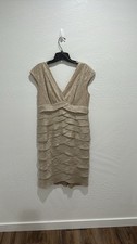 ADRIANNA PAPELL Shutter Plat Shimmer Tiered Chiffon Champagne Dress (Size 12)