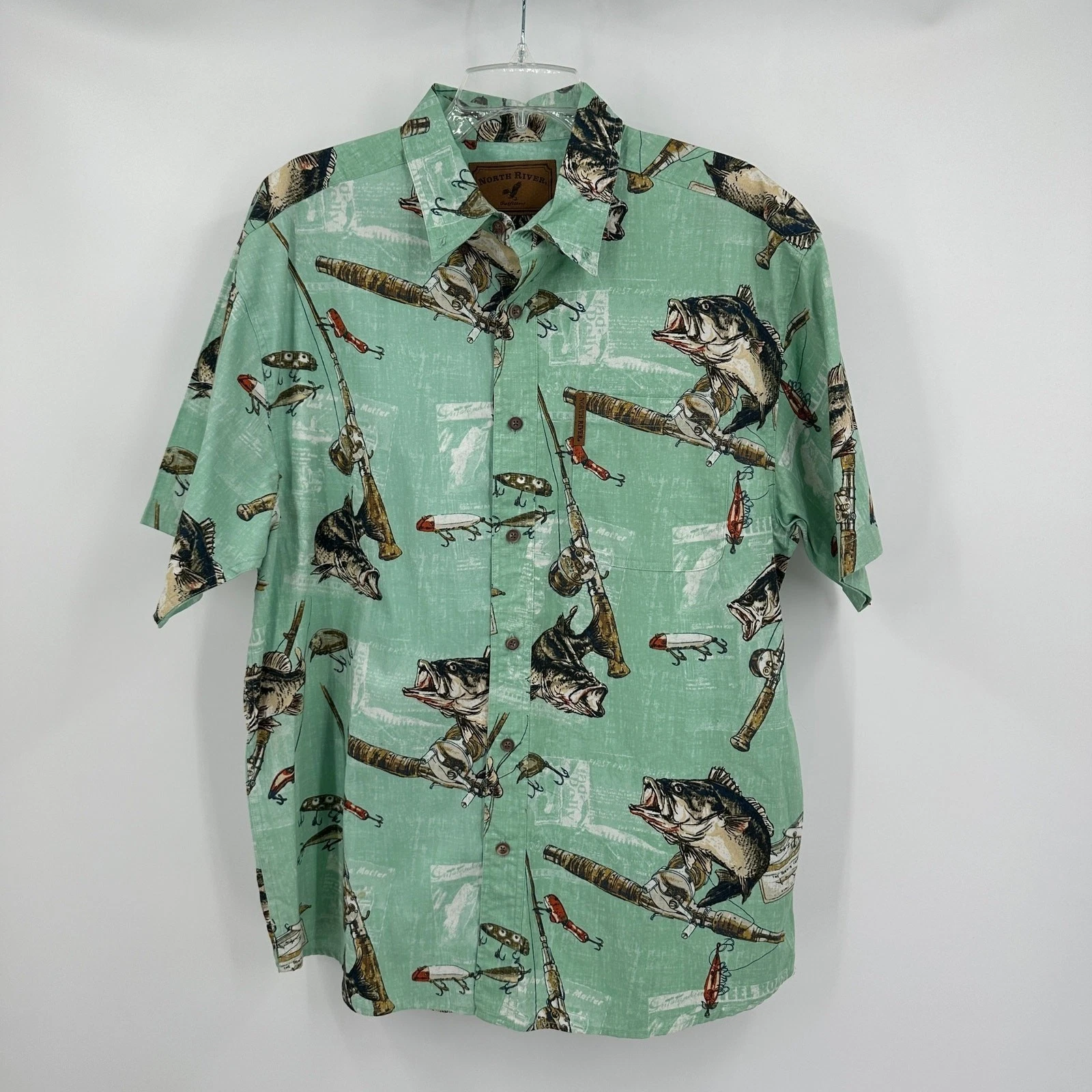 Mens Bass Fishing Shirt Size L Angler Novelty Lake Camping Summer Outdoors
