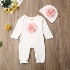2PCS Newborn Baby Girls Long Sleeve Floral Romper Bodysuit Hat Clothes Outfit