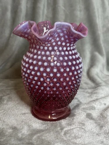 Fenton Purple White Hobnail Art Glass Vase Hand Blown Ruffled Rim Decorative