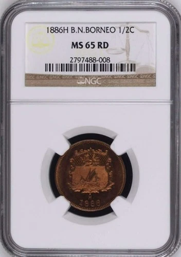 BRITISH NORTH BORNEO - MALAYSIA , 1/2 CENT 1886 H - NGC MS 65 RD , RARES