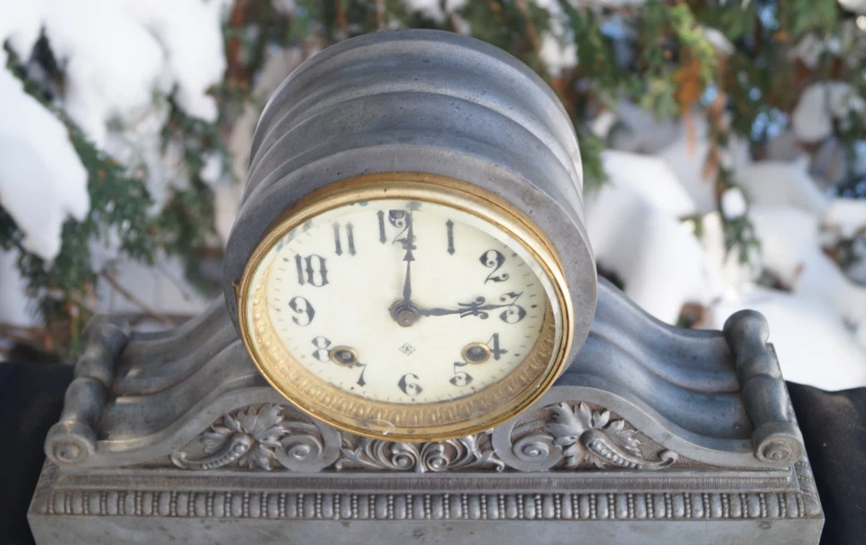 Antiguo Reloj C 1901 Ansonia GREENWICH Spelter Tambour Mantle - VER VIDEO - RARO Foto 2 de 4