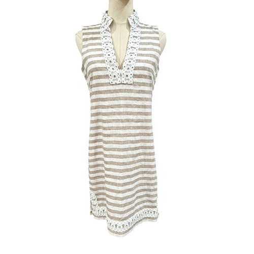 Eliza J Linen Blend Dress Size 2 Tan White Sleeveless Striped Coastal Nautical - Picture 2 of 10
