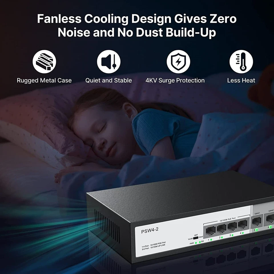 4 Port PoE Switch with 2 Ethernet Uplink, Extend Function Max Output 65W, 803.af - Image 4 of 4