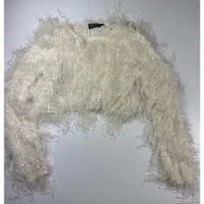 ASHAB Fuzzy Shaggy Knit Cropped Cardigan Sweater Party Top White S