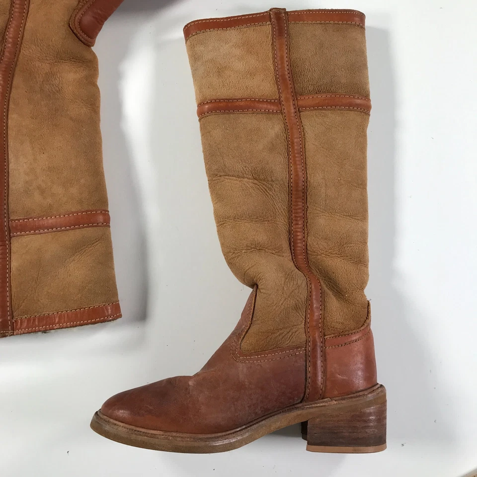 Botas de piel de oveja BASS vintage para mujer 5,5 B marrón punta redonda tacón bloque forradas de lana Foto 2 de 4