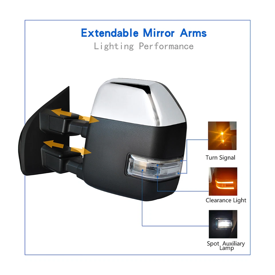 Pair Towing Mirrors For 2017-2020 Ford F-250 F350 Super Duty Power Heated Chrome - Image 4 of 4