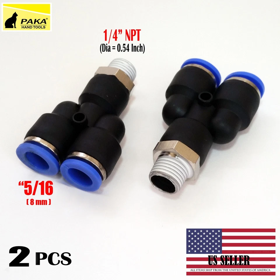 PAKA TOOLS 2X Pneumatic Y Splitter 1/4" NPT to 5/16" Hose OD Air Push Quick Connect Fittin