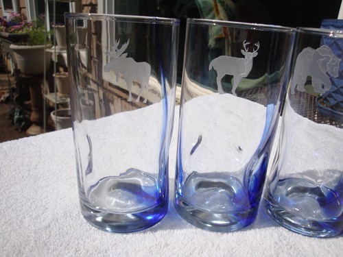 4 Etched Wolf Bear Libbey Crisa Blue Ribbon Thumbprint Indent Glasses Tumblers - Picture 3 of 13