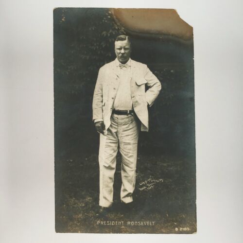 Prezydent Theodore Roosevelt RPPC Pocztówka ok. 1907 Biały garnitur Miś zdjęcie A3013 - Zdjęcie 1 z 2