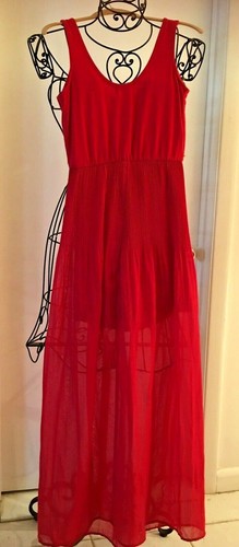 Love Reign Pleated Sheer Skirt Maxi Dress RED - SMALL Elasticized Waist - Picture 5 of 5