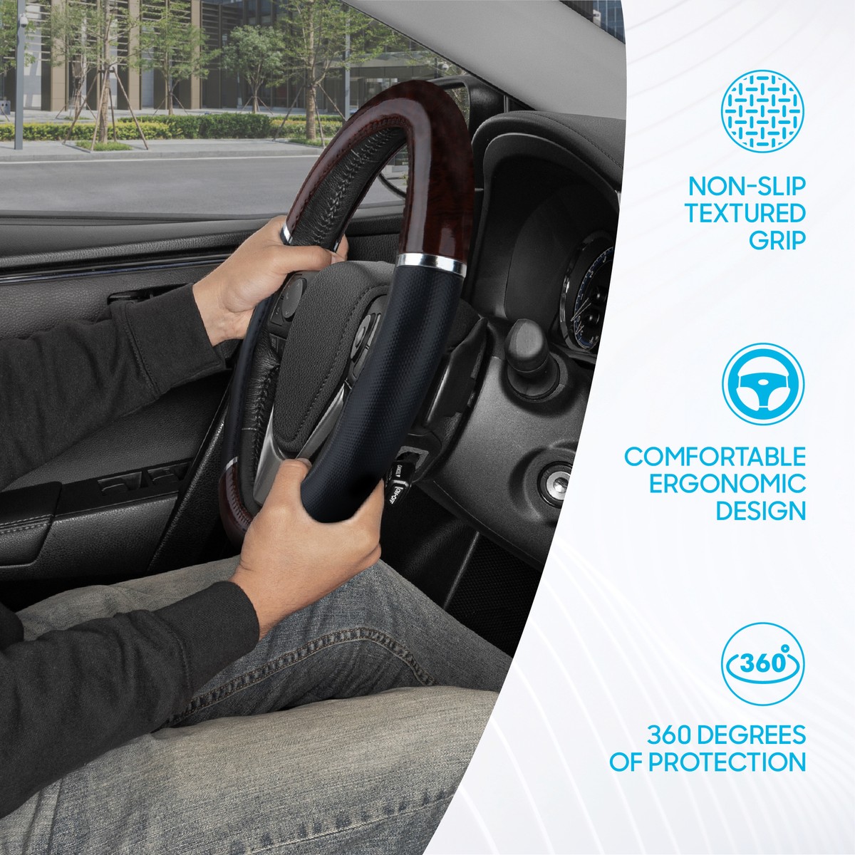 KAFEEK 14” Steering Wheel Cover – Wood Grain Design, Black Microfiber Leather, Skidproof Lining | Fits 14-14.25” Wheels (Prius, Civic)