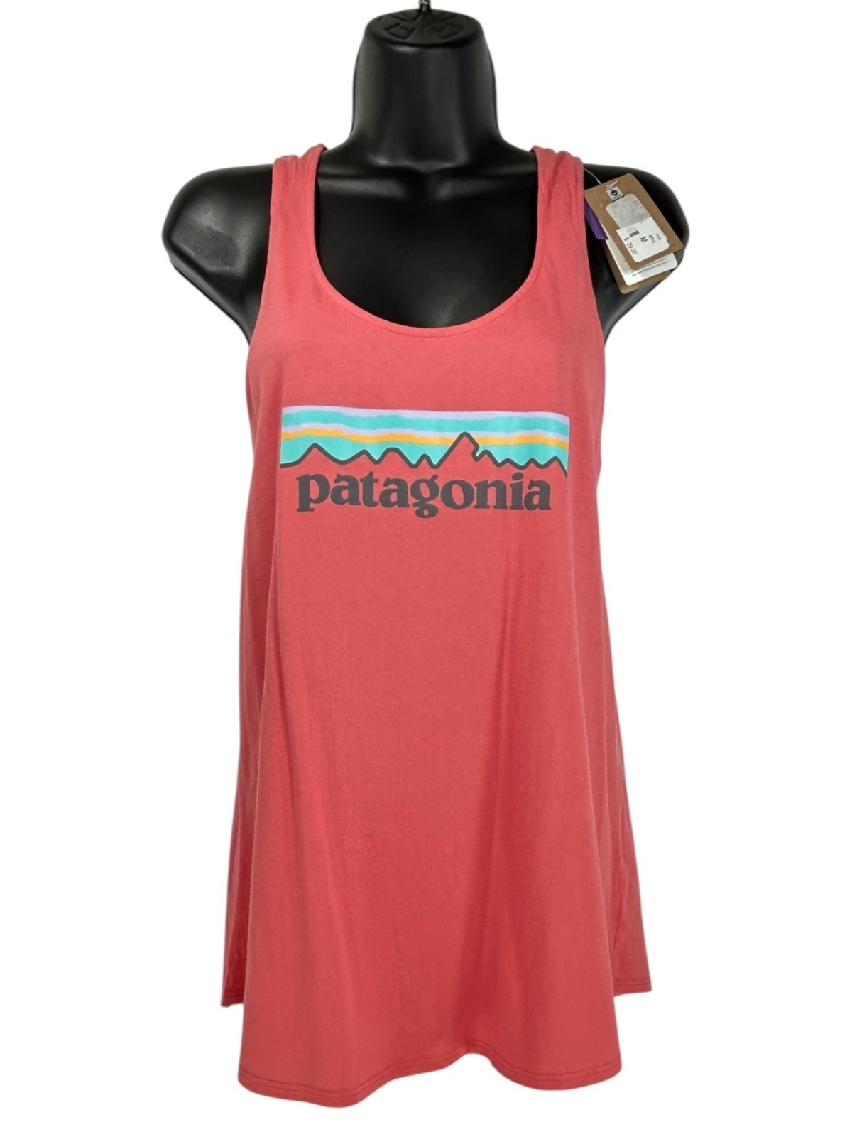 PATAGONIA Tank Top Sz M Coral Orange Graphic Logo Print Organic Cotton Racerback