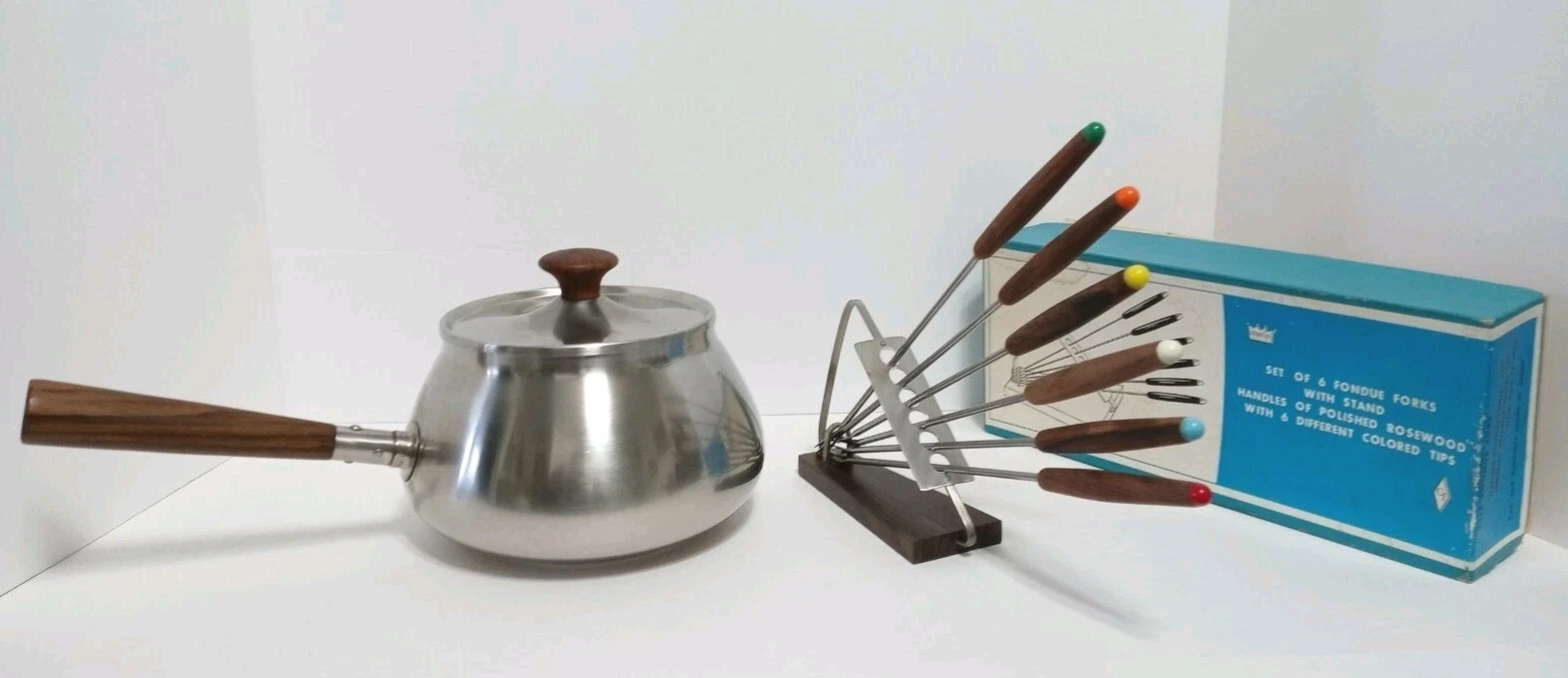 VTG Oneida Fondue Pot Fork Set Silver Stainless Steel Teak Wood Handle MCM Retro