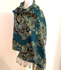 Susan Graver Metallic Scarf Wrap Shawl 76x28 Green Floral Fringe Boho Luxury EUC
